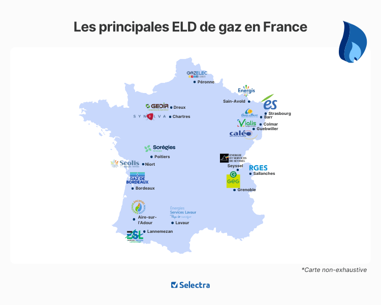 Carte de France des entreprises locales de distribution de gaz : Régaz Bordeaux en Gironde, Réseau GDS et Gaz de Barr en Alsace, Vialis à Colmar, Caléo dans le Haut-Rhin, GreenAlp à Grenoble, Sorégies en Vienne, et autres ELD réparties sur le territoire.