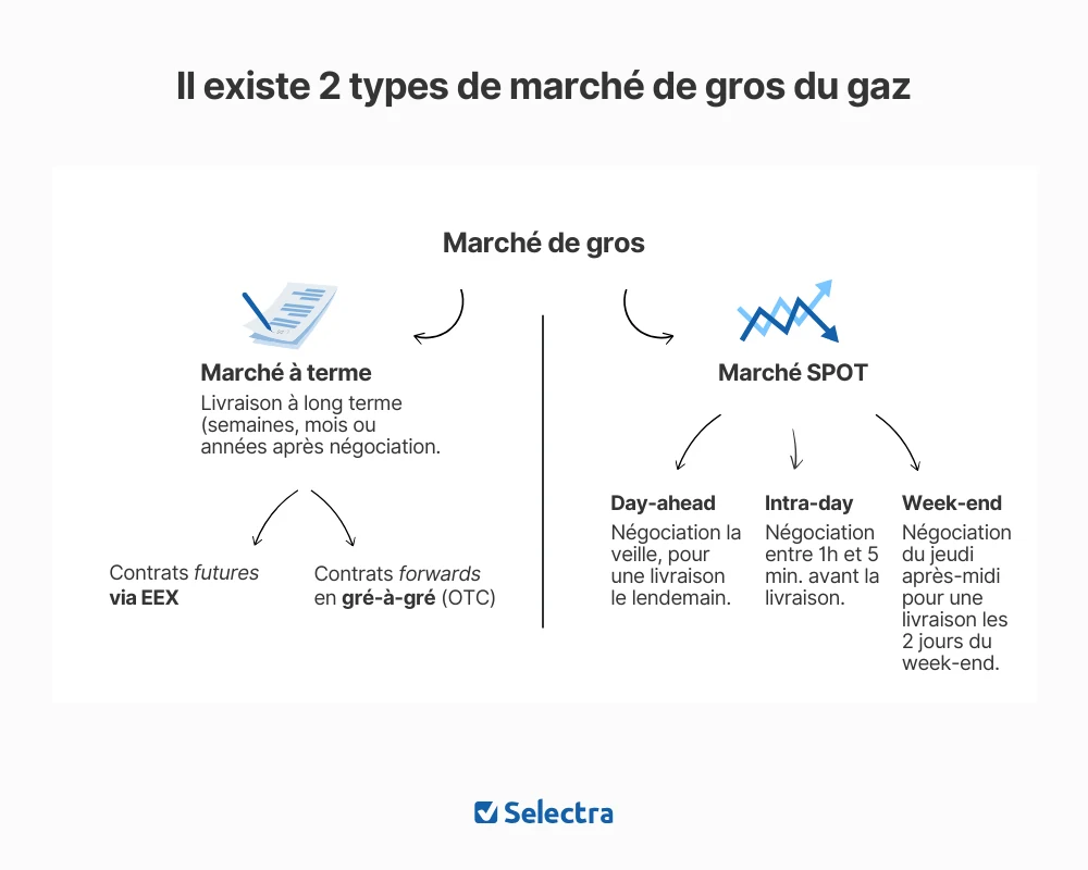 Les deux types de marché de gros du gaz : le marché à terme (contrats futures via EEX et forwards de gré à gré) et le marché spot (day-ahead, intra-day, week-end)