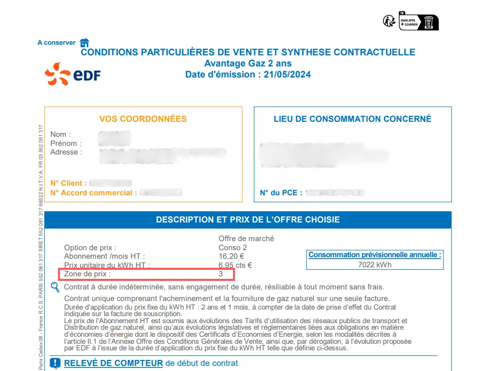Extrait d'une facture de gaz montrant l'emplacement de la zone tarifaire à côté du prix du kWh et de la classe de consommation