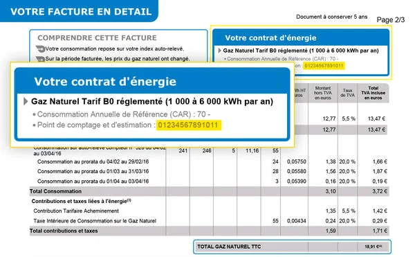 Exemple de facture de gaz avec le numÃ©ro PCE encadrÃ© dans le bloc des informations contrat