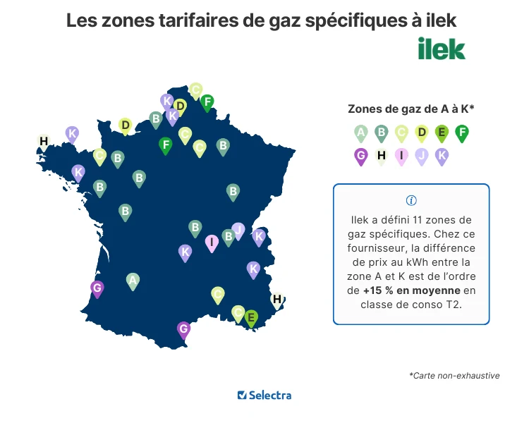 Carte des zones tarifaires de gaz spécifiques à ilek, onze zones nommées de A à K avec un découpage très fin